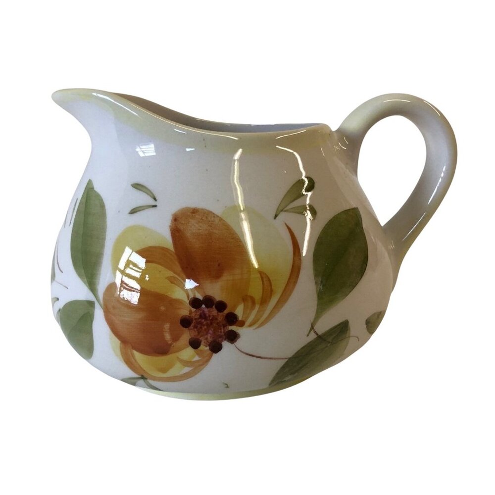 Secla Pottery Pitcher Hand Painted Portugal Ceramic Flowers Squat Wide Mouth